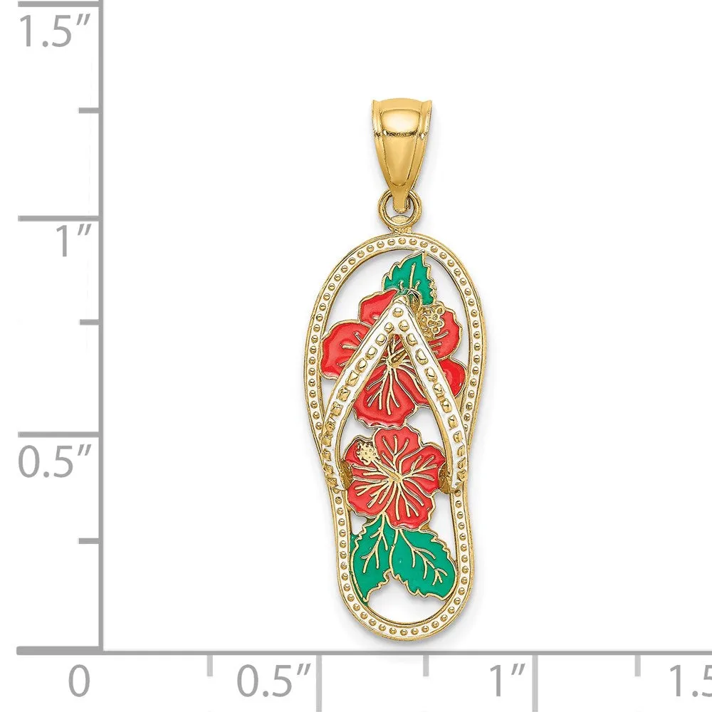 14k Yellow Gold Enamel Red Hibiscus Flower Flip-Flop Charm