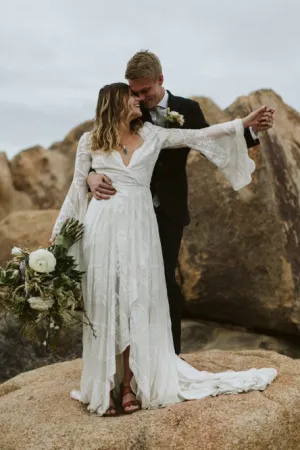 A-Line V-Neck Bell Sleeves Sweep Train Wedding Dress with Split OHD081