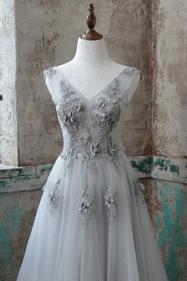A-Line V-Neck Sweep Train Grey Tulle Prom Dress with Appliques Q76