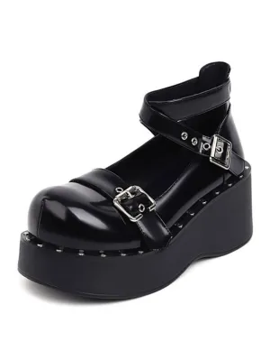 Academic Lolita Footwear Black Round Toe PU Leather Lolita Shoes