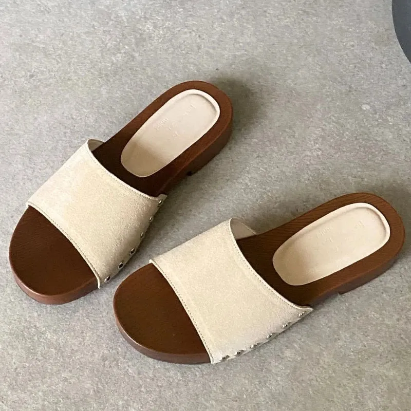 ADVBRIDGE  -  High Quality Satin Rivets Flat Sandals Square Heel Round Toe Women Sandals Summer Fashion Comfort Non-slip Vacation Beach Shoes