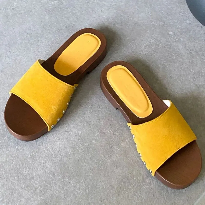 ADVBRIDGE  -  High Quality Satin Rivets Flat Sandals Square Heel Round Toe Women Sandals Summer Fashion Comfort Non-slip Vacation Beach Shoes