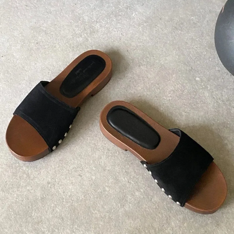 ADVBRIDGE  -  High Quality Satin Rivets Flat Sandals Square Heel Round Toe Women Sandals Summer Fashion Comfort Non-slip Vacation Beach Shoes