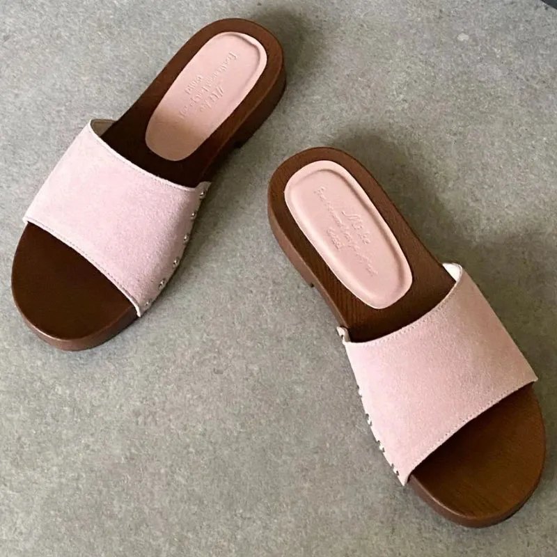 ADVBRIDGE  -  High Quality Satin Rivets Flat Sandals Square Heel Round Toe Women Sandals Summer Fashion Comfort Non-slip Vacation Beach Shoes