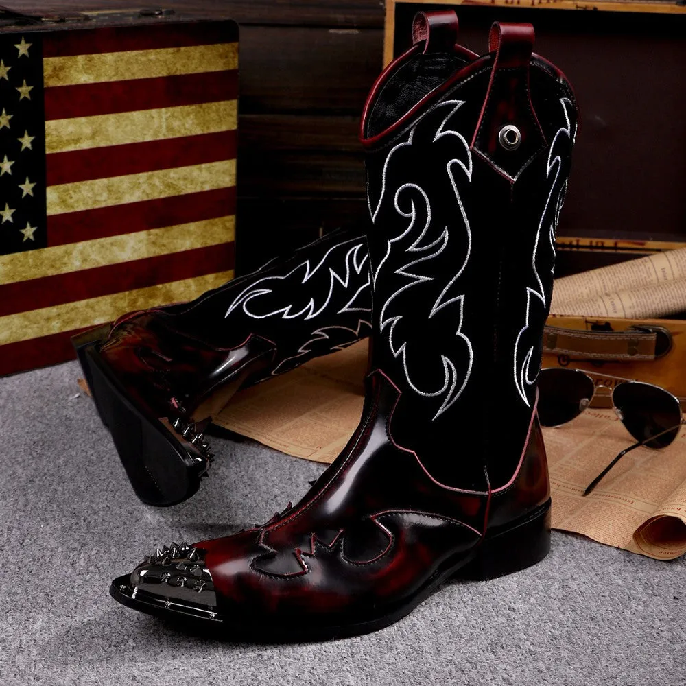 British Style Genuine Leather Men Long Boots Winter Rivets Cowboy Long Boots Big Size Fashion Men Mid Calf Boots