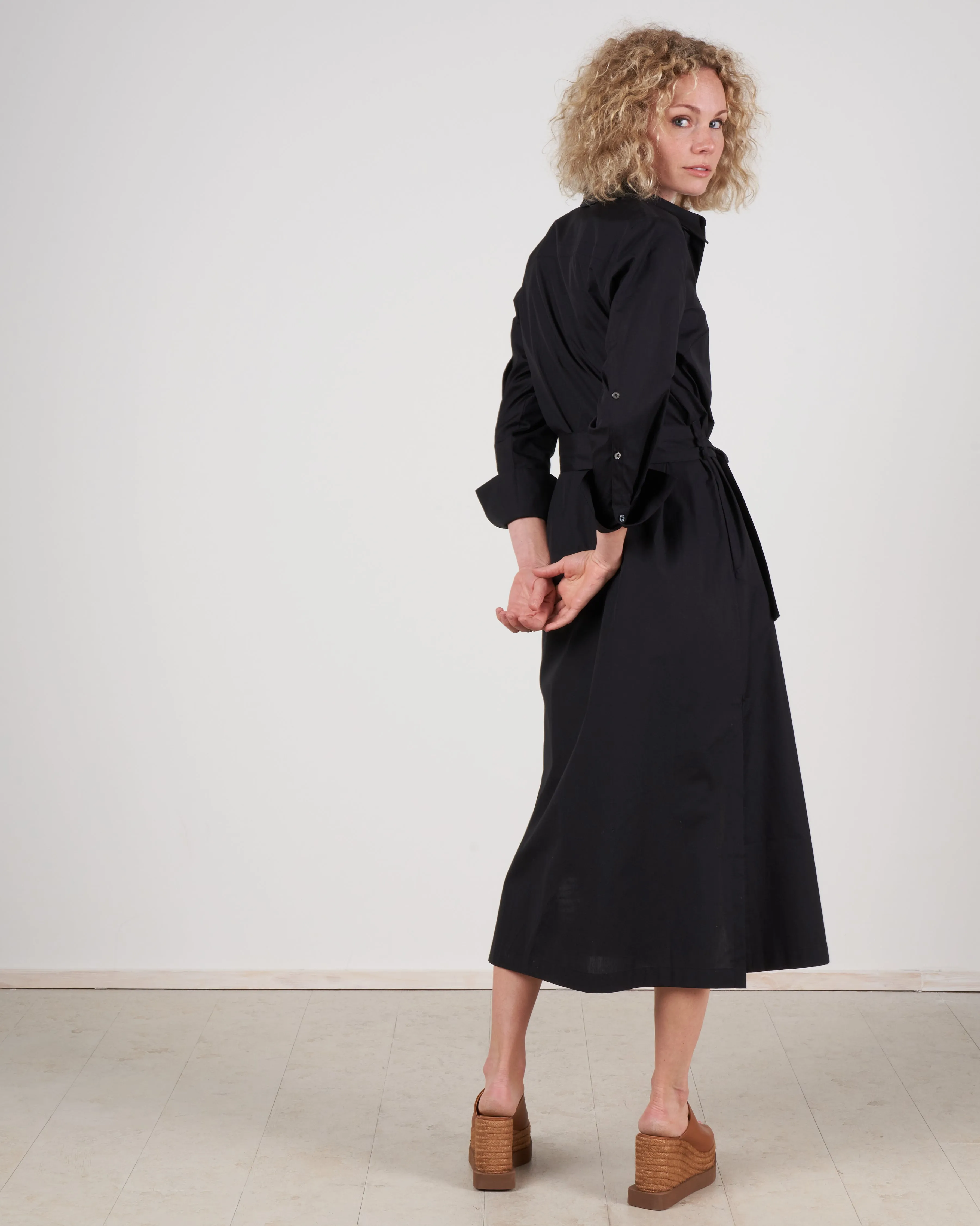 button sleeve shirtdress - black