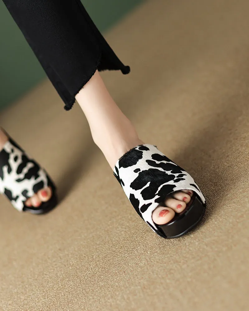 Calf Hair Leather Open Toe Chunky Clog Slide Platform Sandals