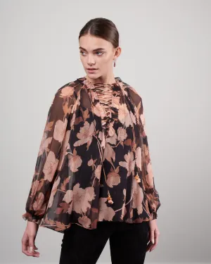concert lace-up blouse - black peonies blkpeos