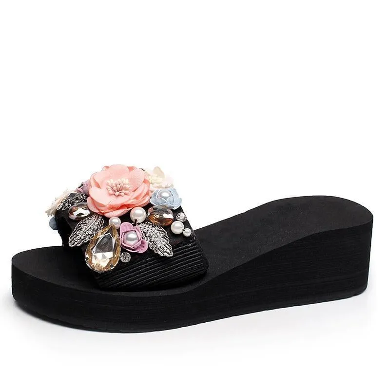 Crystal Auger Pearl Flower Platform Sandals Beach Slippers Shoes