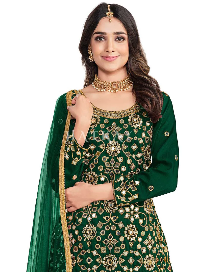Dark Green Mirror Work Embroidery Patiala Salwar Kameez
