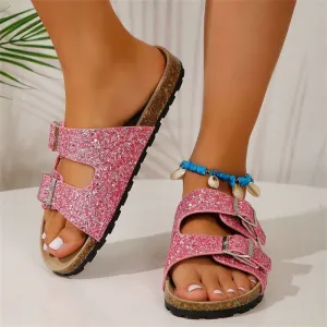 Double Buckle Slides-Women Sequined Beach Slipper-Leisure Outdoor Sandals