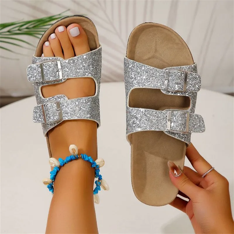Double Buckle Slides-Women Sequined Beach Slipper-Leisure Outdoor Sandals