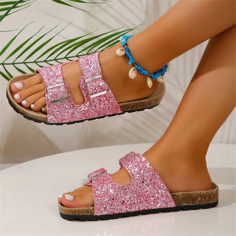 Double Buckle Slides-Women Sequined Beach Slipper-Leisure Outdoor Sandals