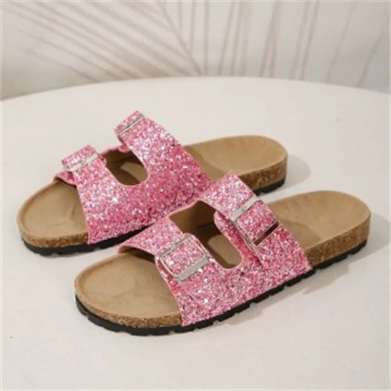 Double Buckle Slides-Women Sequined Beach Slipper-Leisure Outdoor Sandals