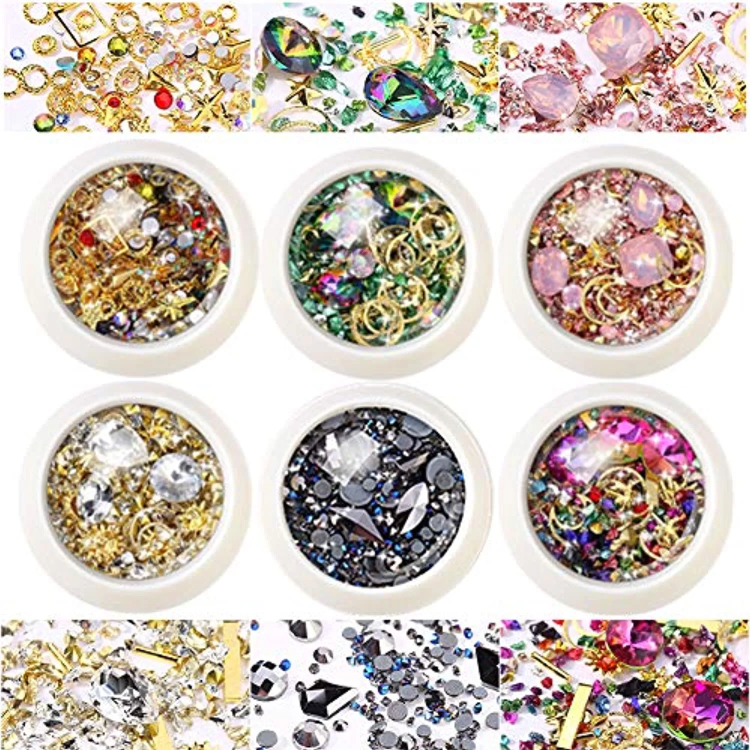 editTime 6 Wheels Mixed Sparkle Nail Art Rhinestones Diamonds Crystals Beads Artificial Pearls and Gold Silver Nail Studs Gems Metal Rivets Charms Hollow Moon Star Shaped (Micro mini stones kit)