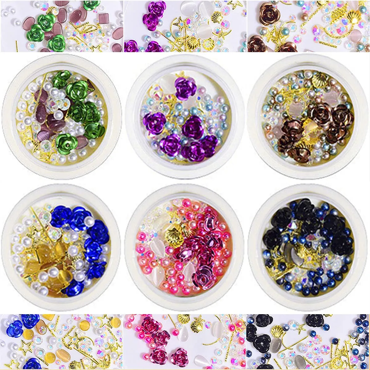 editTime 6 Wheels Mixed Sparkle Nail Art Rhinestones Diamonds Crystals Beads Artificial Pearls and Gold Silver Nail Studs Gems Metal Rivets Charms Hollow Moon Star Shaped (Micro mini stones kit)