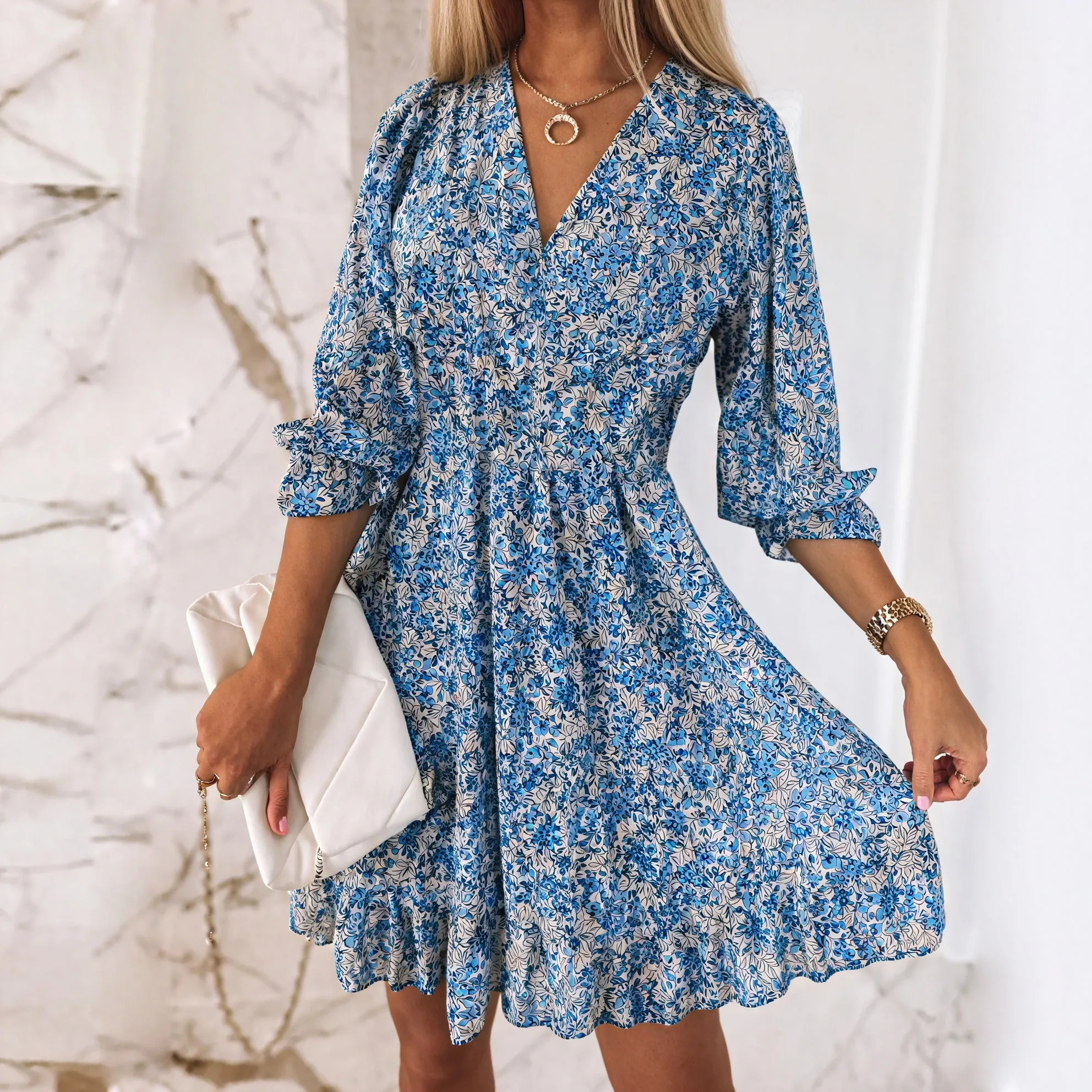 Floral V-Neck Dress with Flared Skirt