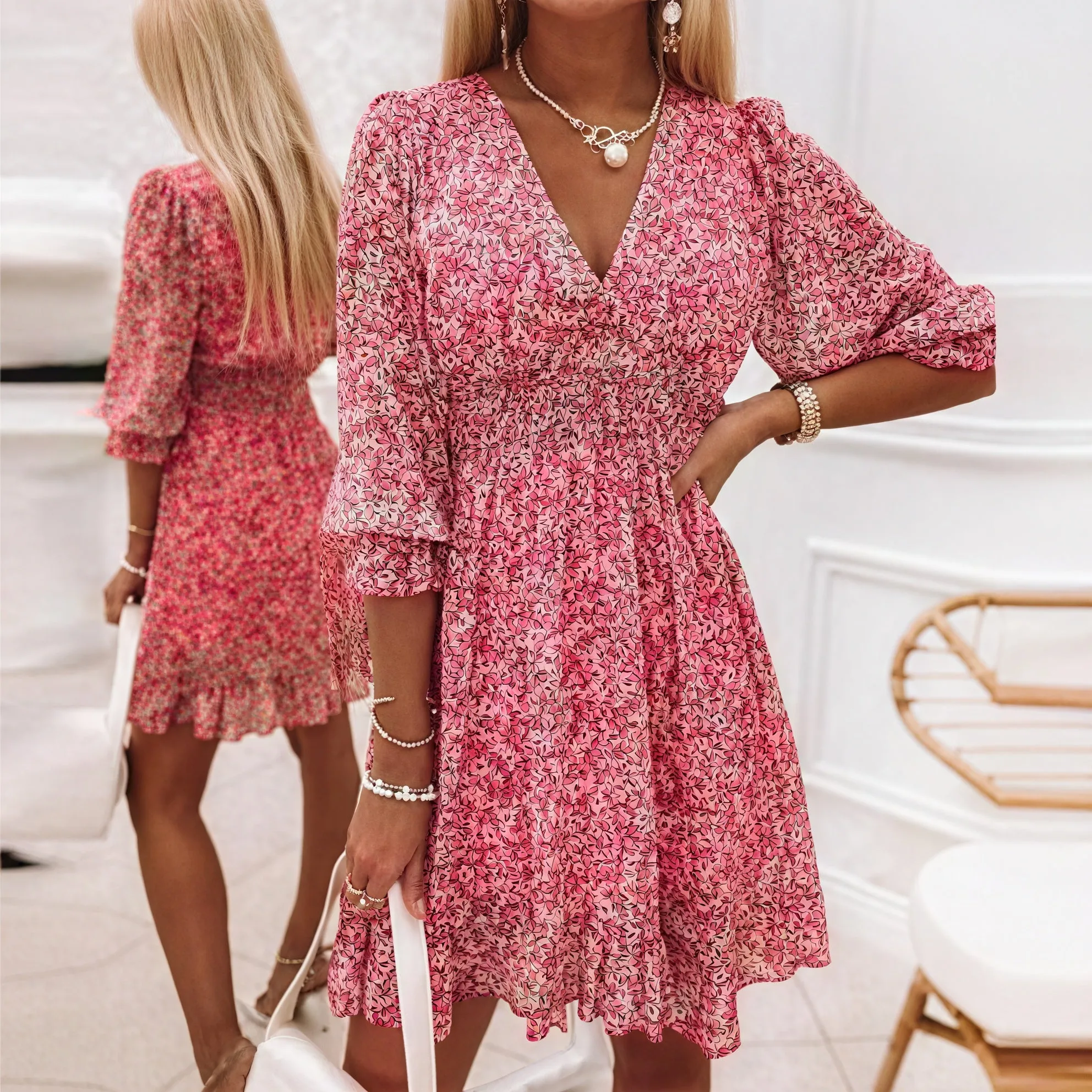 Floral V-Neck Dress with Flared Skirt