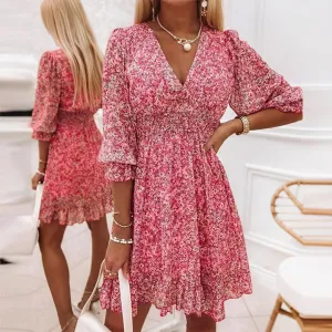 Floral V-Neck Dress with Flared Skirt