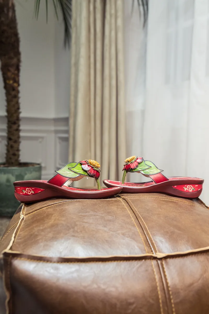 Genuine Leather Plumeria Appliqued Flip Flop Low Heel Sandals - Red