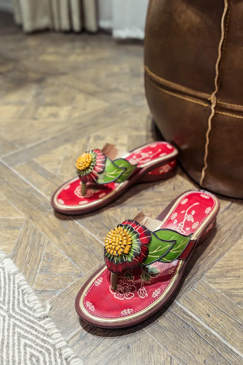 Genuine Leather Plumeria Appliqued Flip Flop Low Heel Sandals - Red