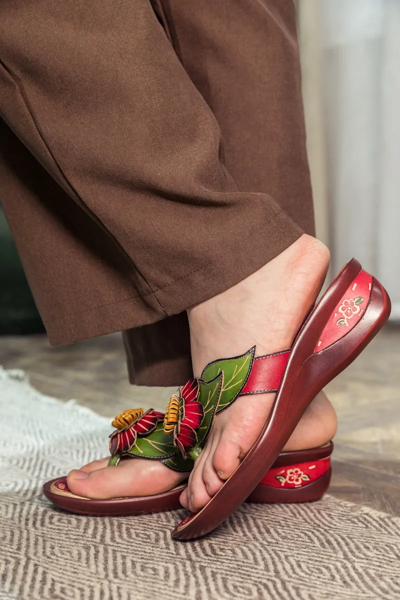 Genuine Leather Plumeria Appliqued Flip Flop Low Heel Sandals - Red