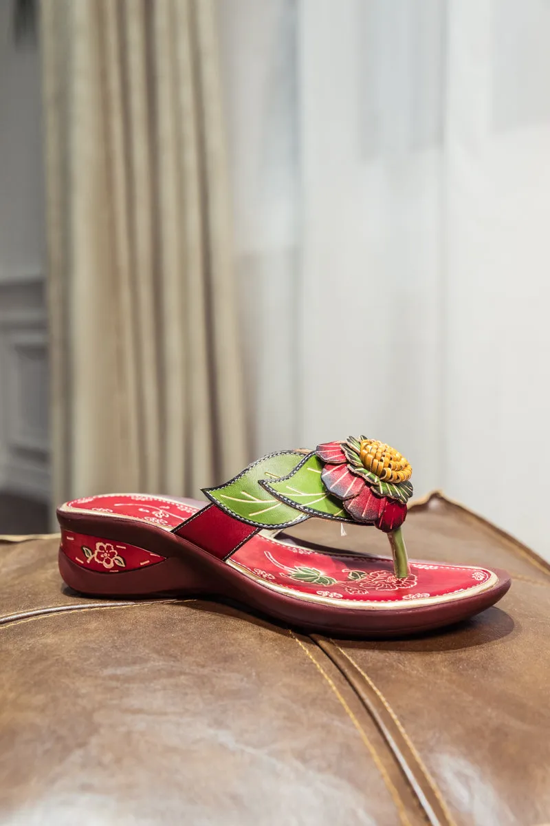 Genuine Leather Plumeria Appliqued Flip Flop Low Heel Sandals - Red