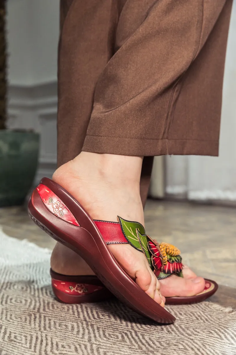 Genuine Leather Plumeria Appliqued Flip Flop Low Heel Sandals - Red
