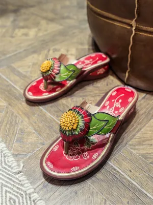 Genuine Leather Plumeria Appliqued Flip Flop Low Heel Sandals - Red