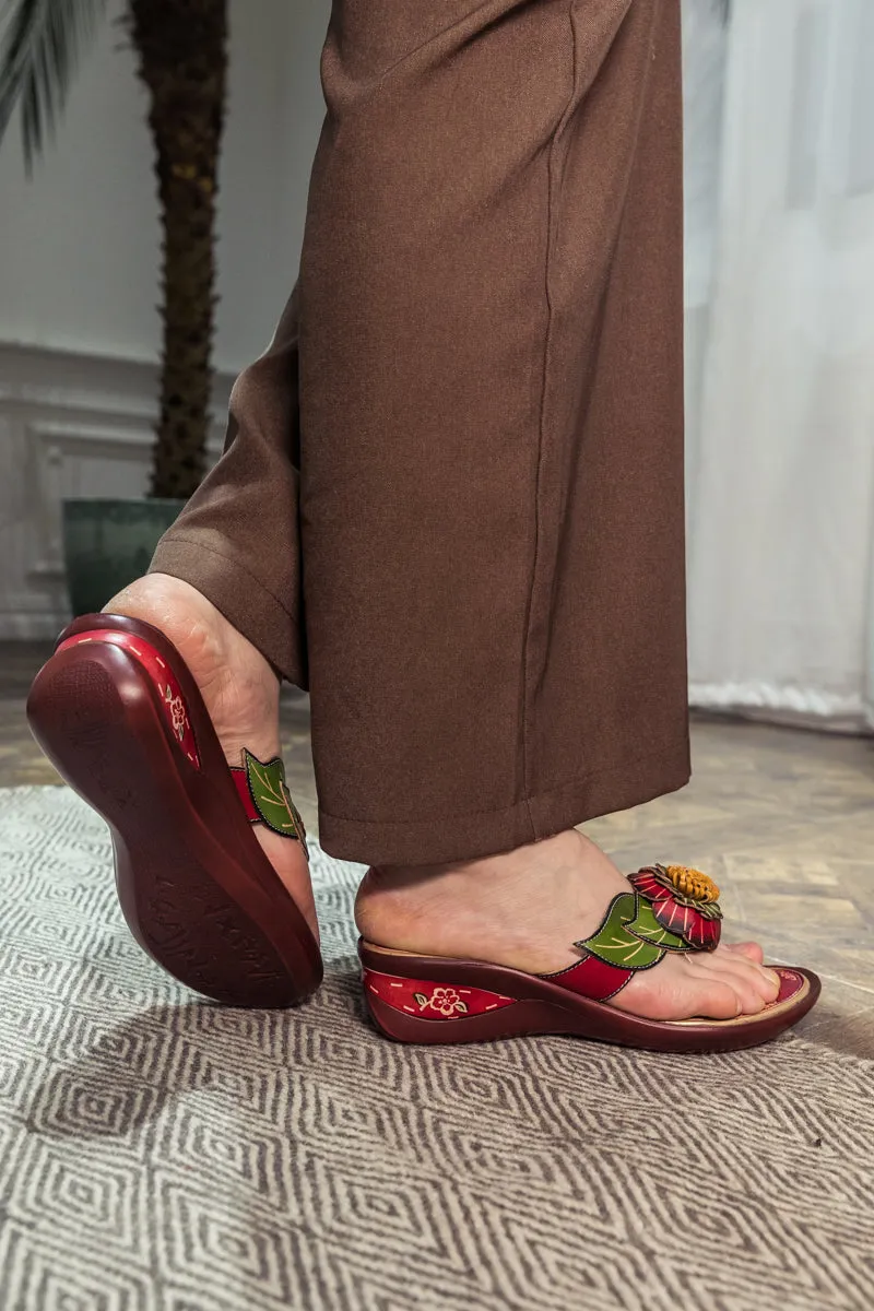 Genuine Leather Plumeria Appliqued Flip Flop Low Heel Sandals - Red