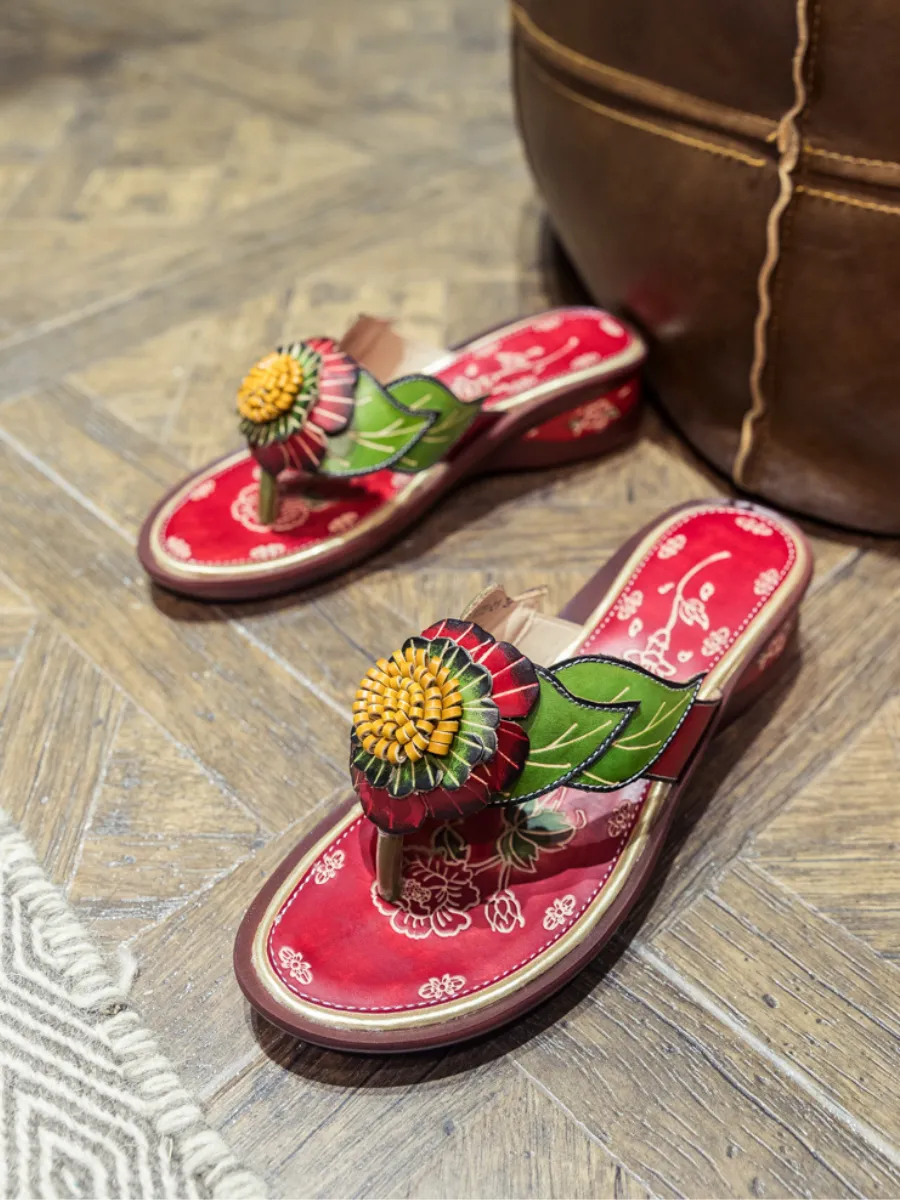Genuine Leather Plumeria Appliqued Flip Flop Low Heel Sandals - Red
