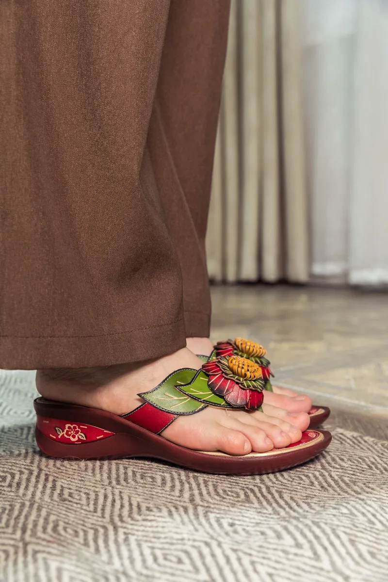 Genuine Leather Plumeria Appliqued Flip Flop Low Heel Sandals - Red