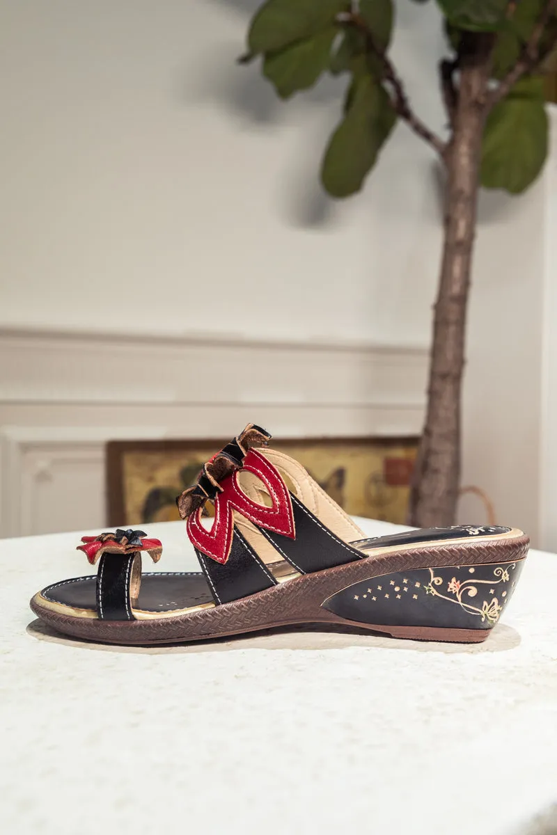 Genuine Leather Ring Toe Floral Appliqued Flat Flip Flop Sandals - Black