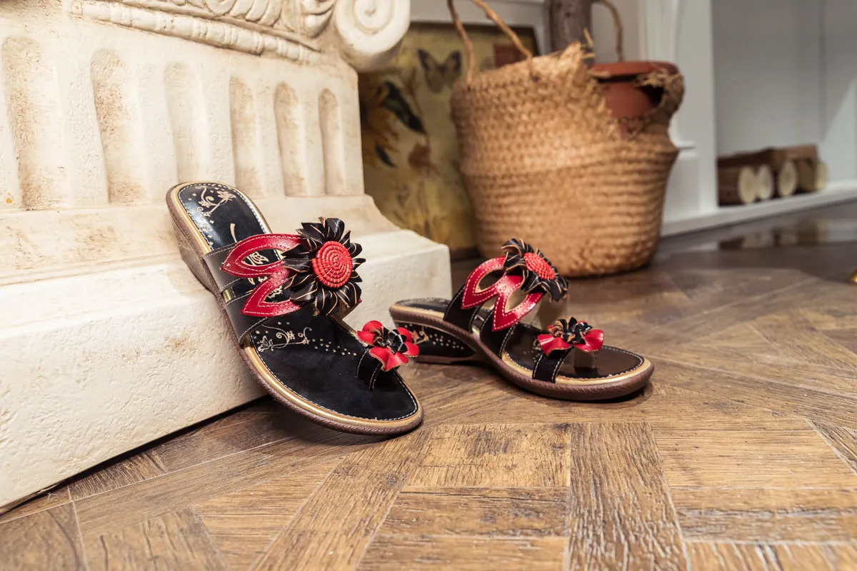 Genuine Leather Ring Toe Floral Appliqued Flat Flip Flop Sandals - Black