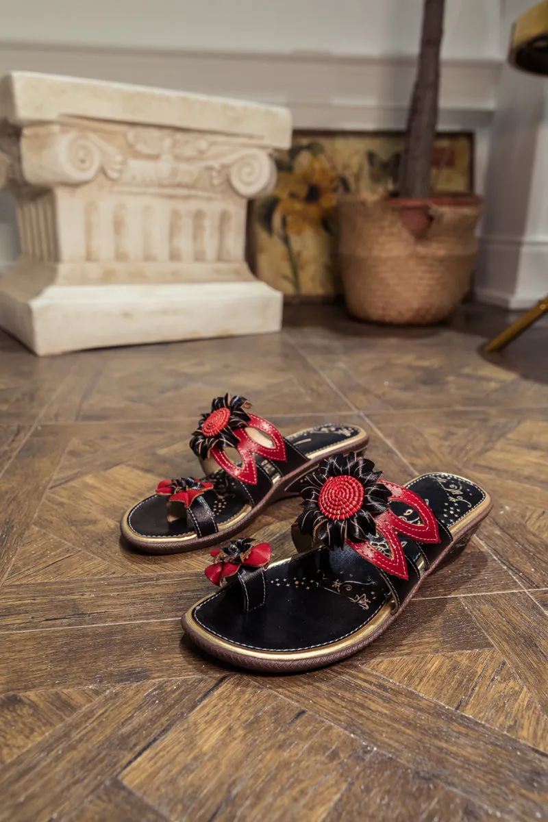 Genuine Leather Ring Toe Floral Appliqued Flat Flip Flop Sandals - Black