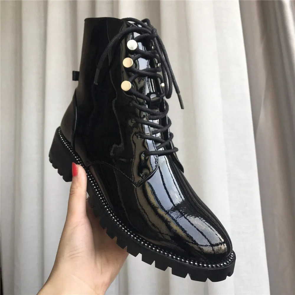 Genuine Leather Thick Heel Round Toe Lace Up Winter Boots Superstar Luxury Punk Rock Metal Rivets Fasteners Ankle Boots
