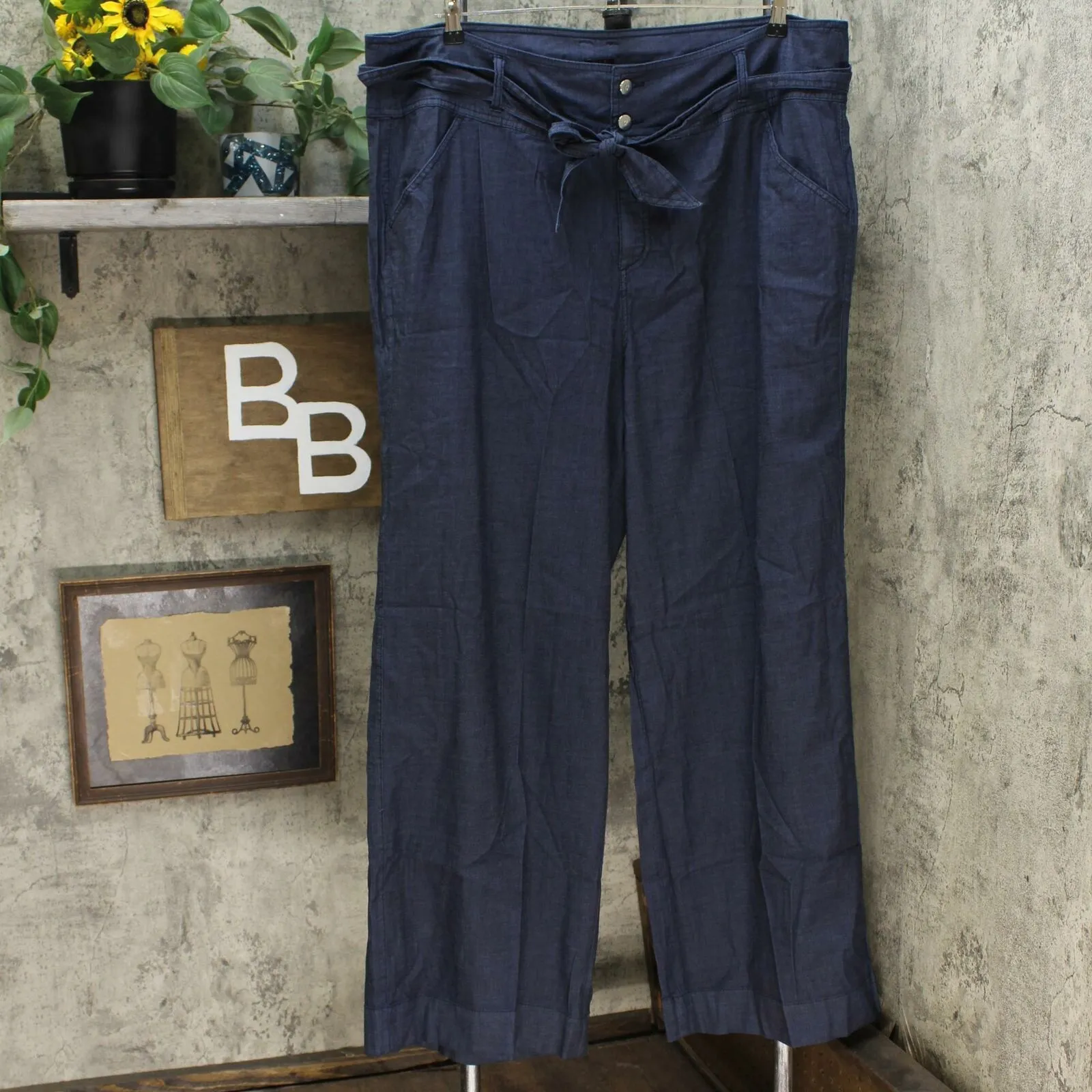 G.I.L.I. Plus Wide Leg Denim Pants With Tie Detail Dark Rinse 24W