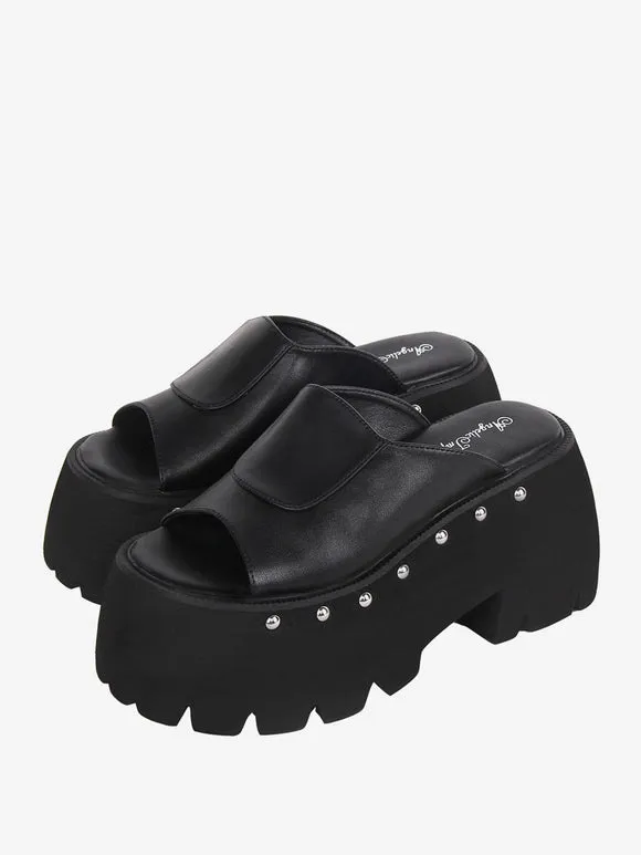 Gothic Lolita Sandals Rivets Round Toe PU Leather Black Lolita Summer Shoes