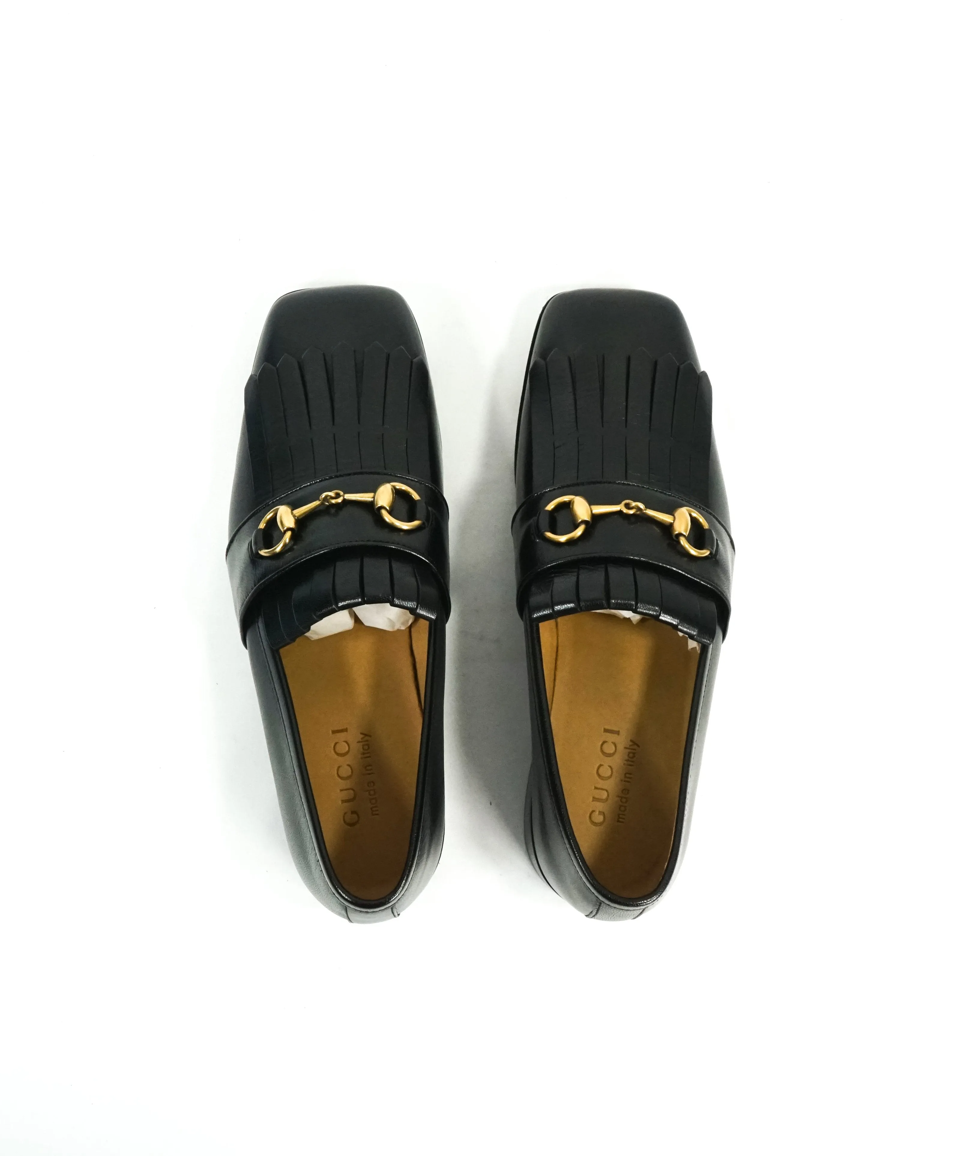 GUCCI -"Malaga" Kid Polly Kiltie Black & Gold Horsebit Fringe Loafers - 7 US (6.5 G)