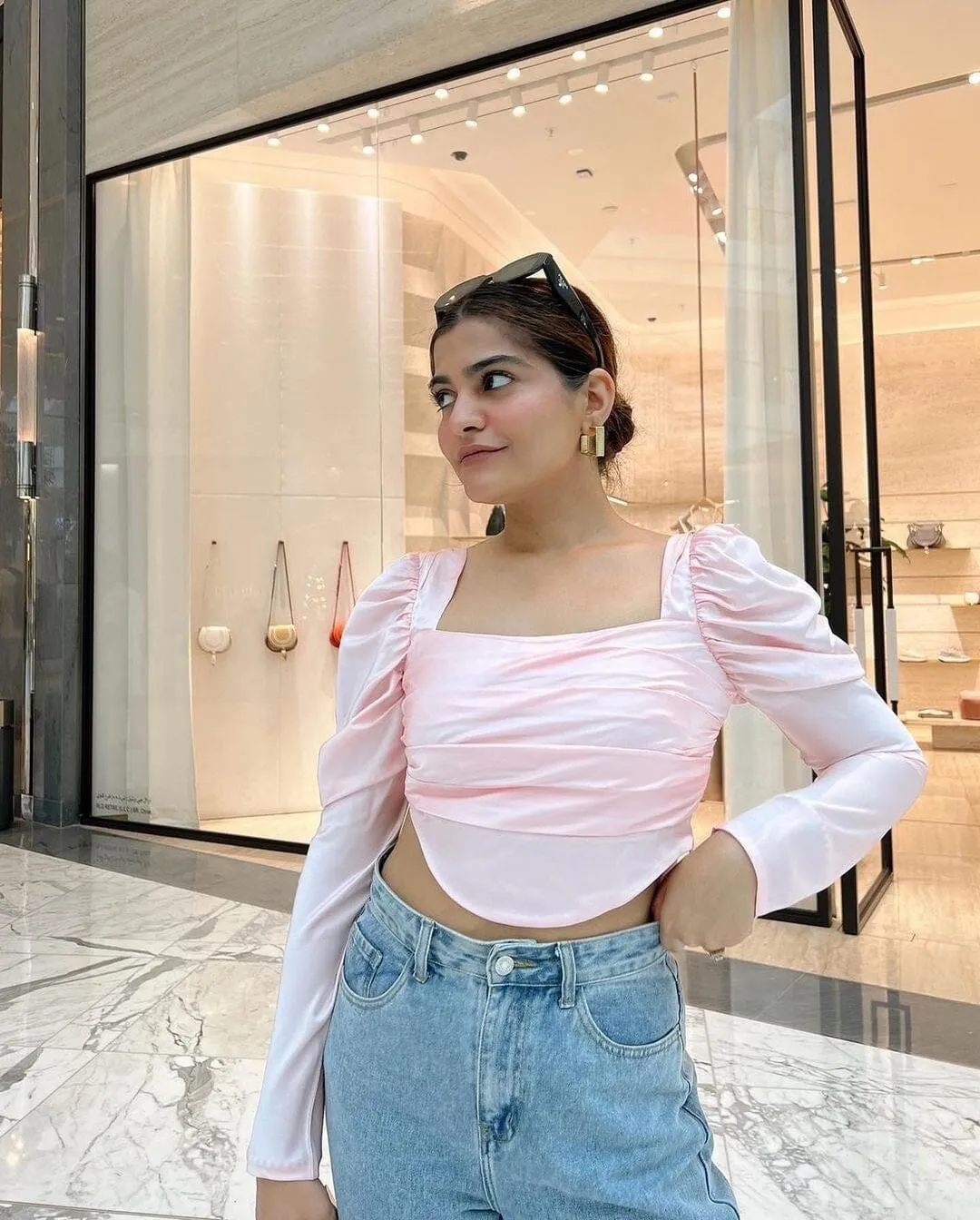 Idea of her pink satin puff shoulder crop top