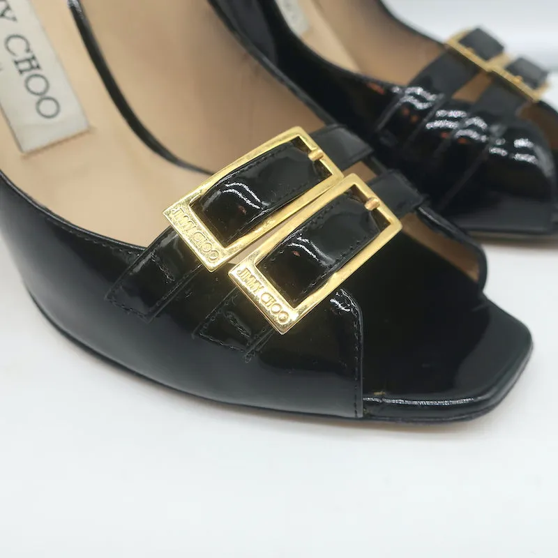 Jimmy Choo Double Buckle Peep Toe Pumps Black Patent Leather Size 36.5