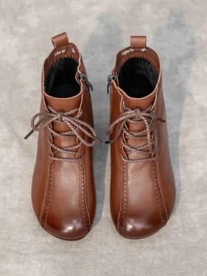 Lace-Up Leather Ankle Boots - Brown