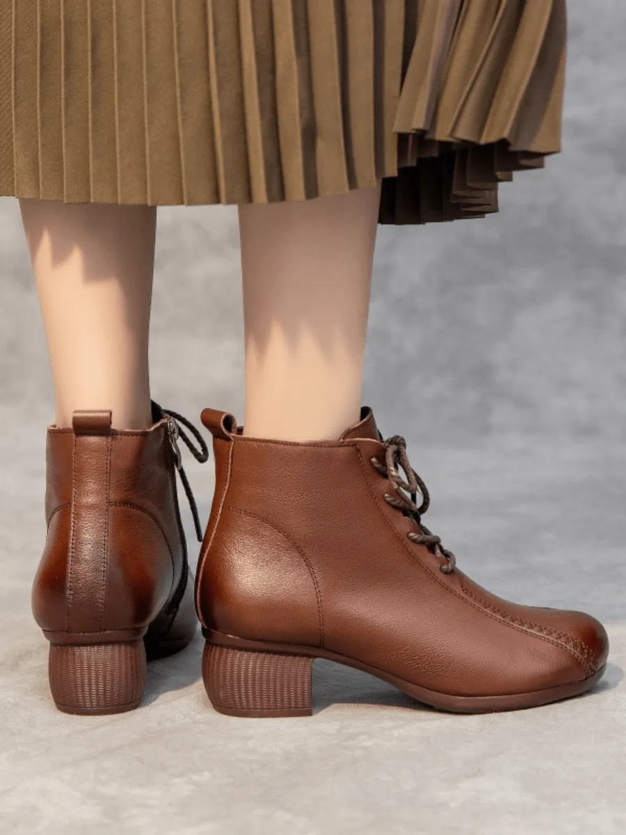 Lace-Up Leather Ankle Boots - Brown