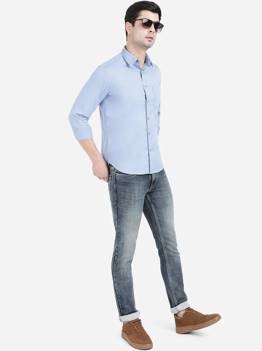 Light Blue Solid Slim Fit Semi Casual Shirt | Greenfibre
