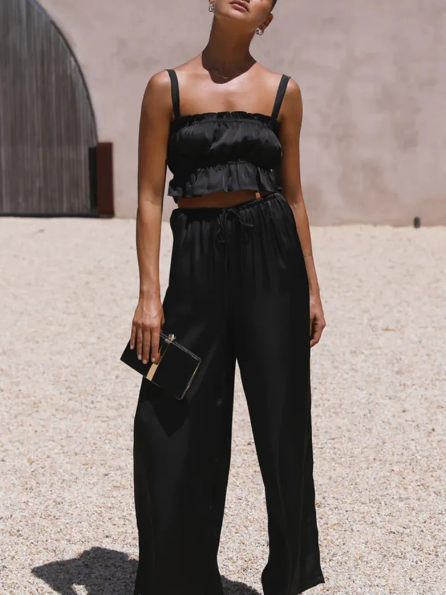 Madonna Satin Wide Leg Matching Sets - Black