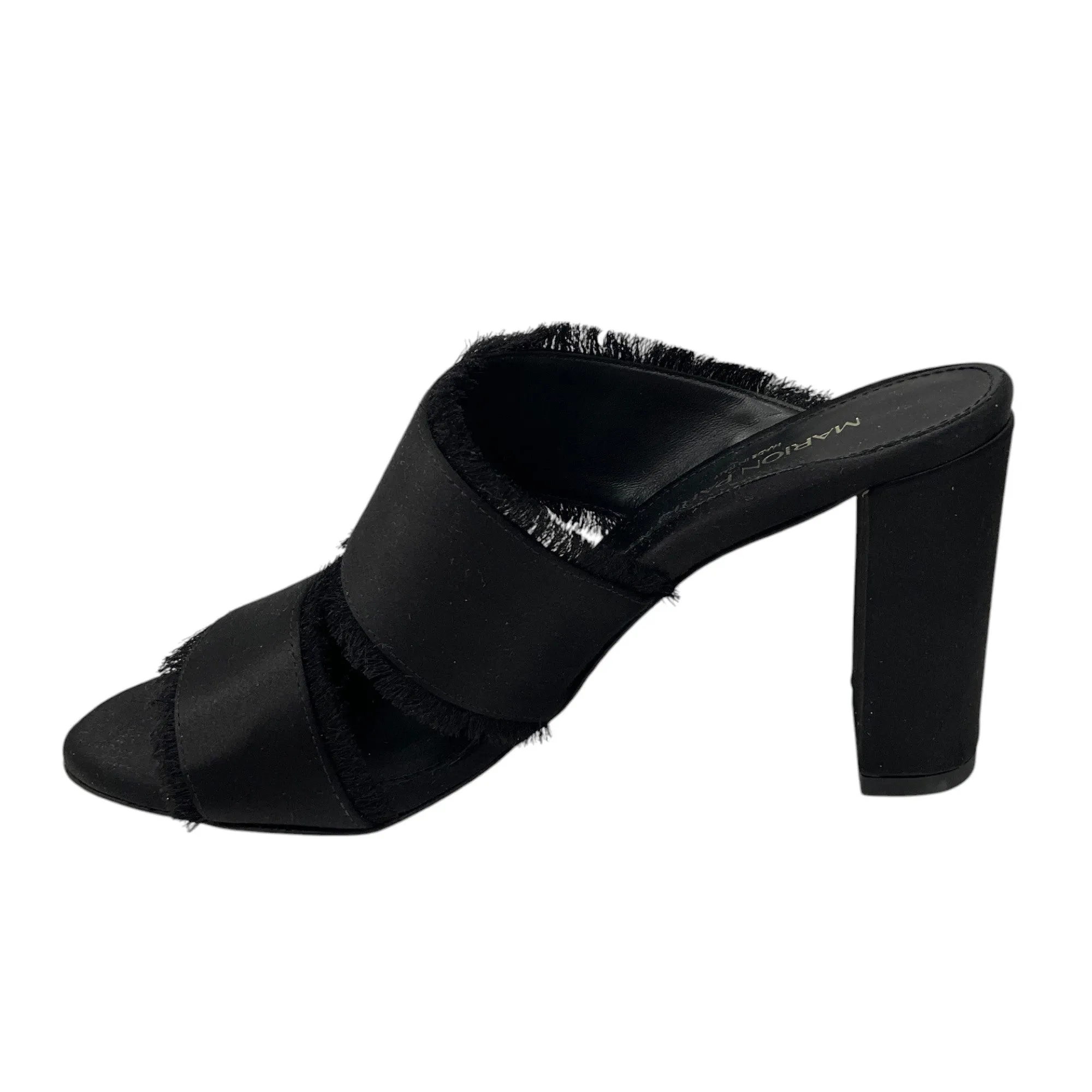 Marion Parke Black Cecilia Fringed Block Heel Satin Sandals