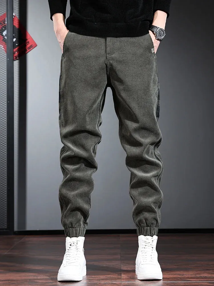Men's Black Baggy Corduroy Pants: Autumn Fashion Casual Elastic Waist Trousers with Side Stripe