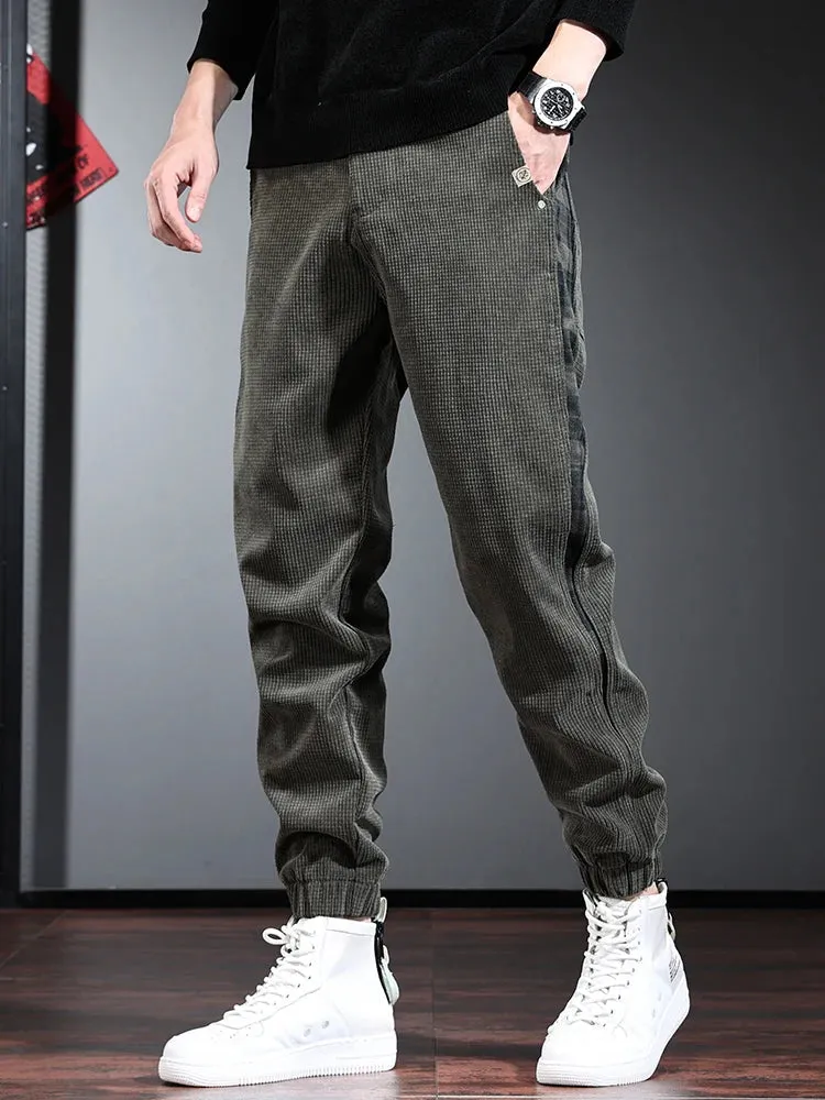 Men's Black Baggy Corduroy Pants: Autumn Fashion Casual Elastic Waist Trousers with Side Stripe