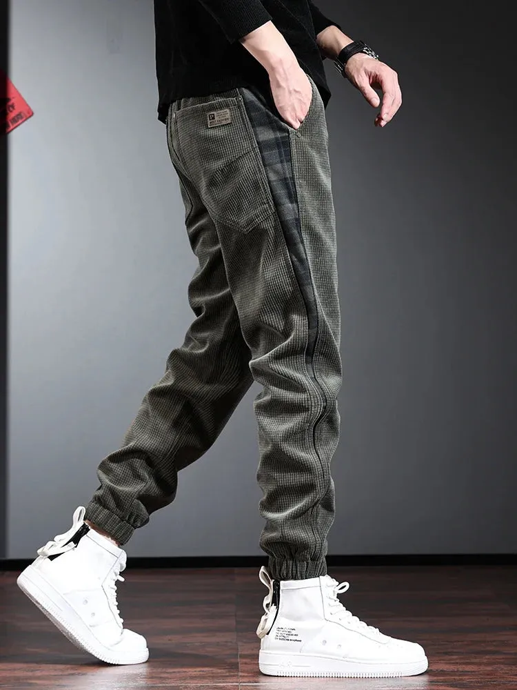 Men's Black Baggy Corduroy Pants: Autumn Fashion Casual Elastic Waist Trousers with Side Stripe