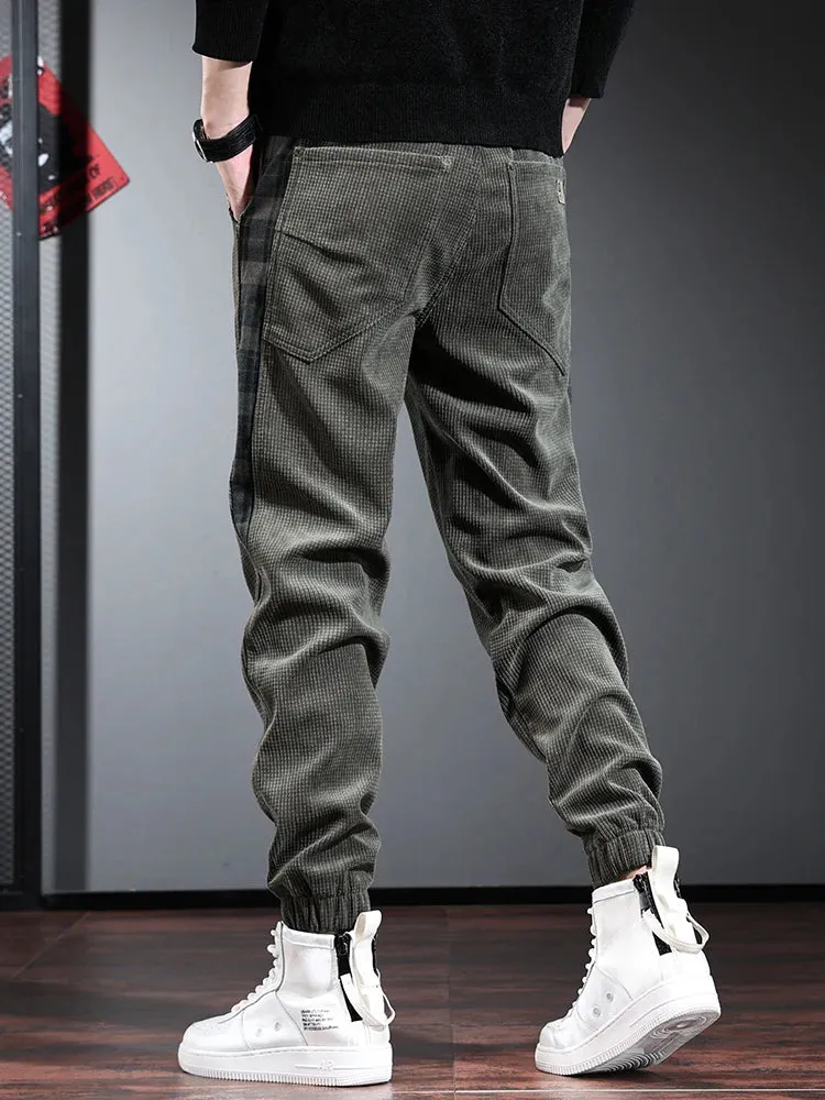 Men's Black Baggy Corduroy Pants: Autumn Fashion Casual Elastic Waist Trousers with Side Stripe
